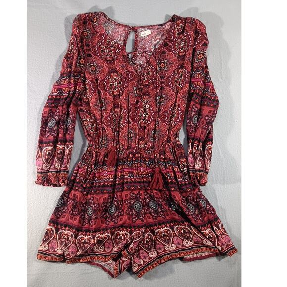 Hollister XS Boho Paisley Print Long Sleeve Tassel Romper Festival fairy - Picture 1 of 6